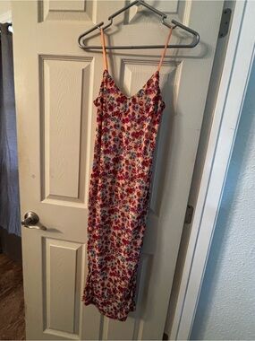 Floral Midi Slip Dress with Orange Straps